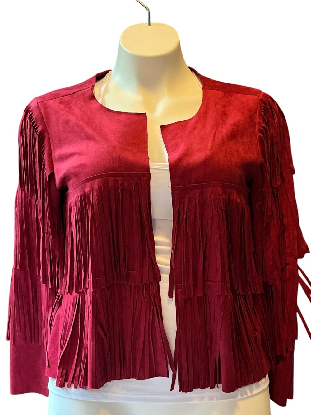 Vocal Apparel Red Cropped Open Front Layered Fringe Vegan Suede Jacket NWT